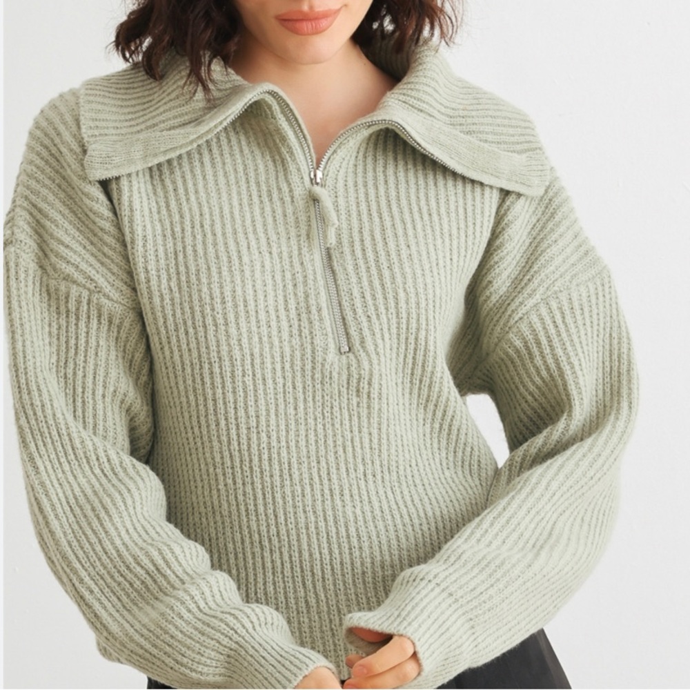 LOU & GREY sage green wide collared turtleneck 1/4 zip knit sweater size small